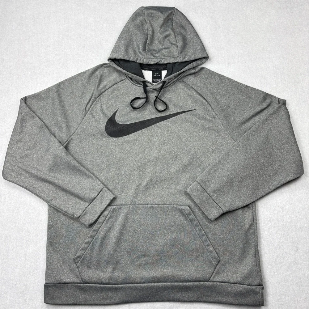 Nike Dri-FIT Hoodie Mens 2XL Heather Gray Big Swoosh Fleece Pullover Sweatshirt